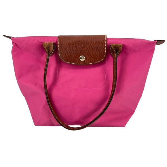 Longchamp Handbags - Longchamp Le Pliage Small Tote Bag Magenta Hot Pink Brown Leather Long Handles